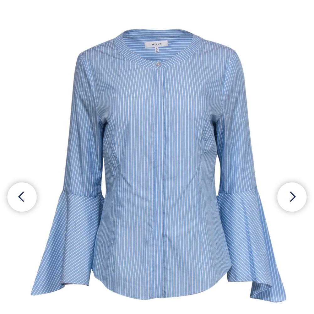Milly Blue White Striped Michelle Bell Sleeve Poplin Button Up Blouse